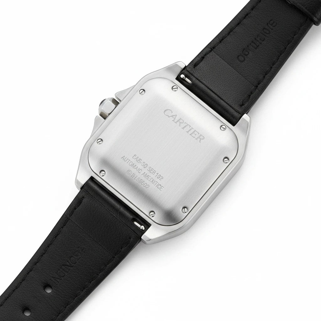 Fond de boîtier en acier inoxydable de la montre Bouyvera Cartier Santos avec bracelet en cuir noir véritable