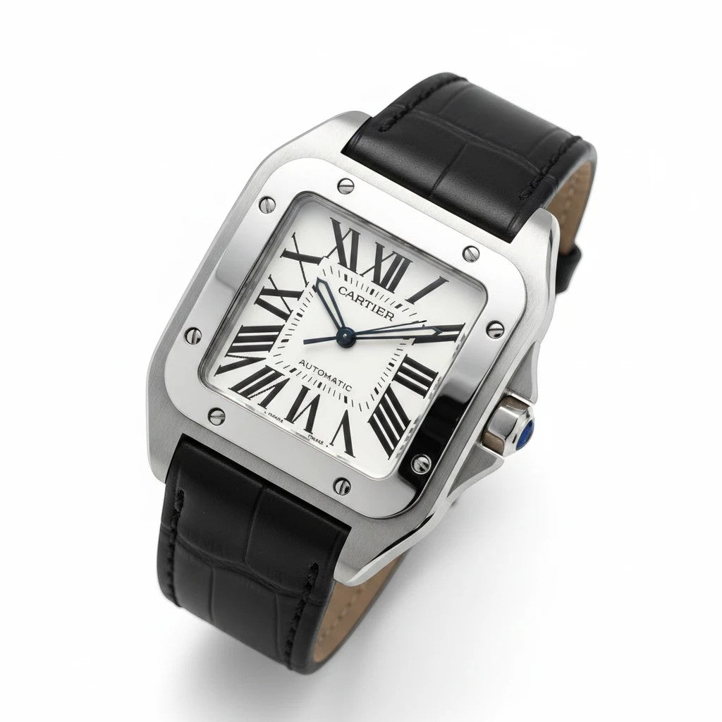 Montre Cartier Santos Bouyvera avec boîtier en acier, cadran blanc à chiffres romains et bracelet en cuir noir