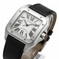 Montre Cartier Santos Bouyvera avec boîtier en acier, cadran blanc à chiffres romains et bracelet en cuir noir