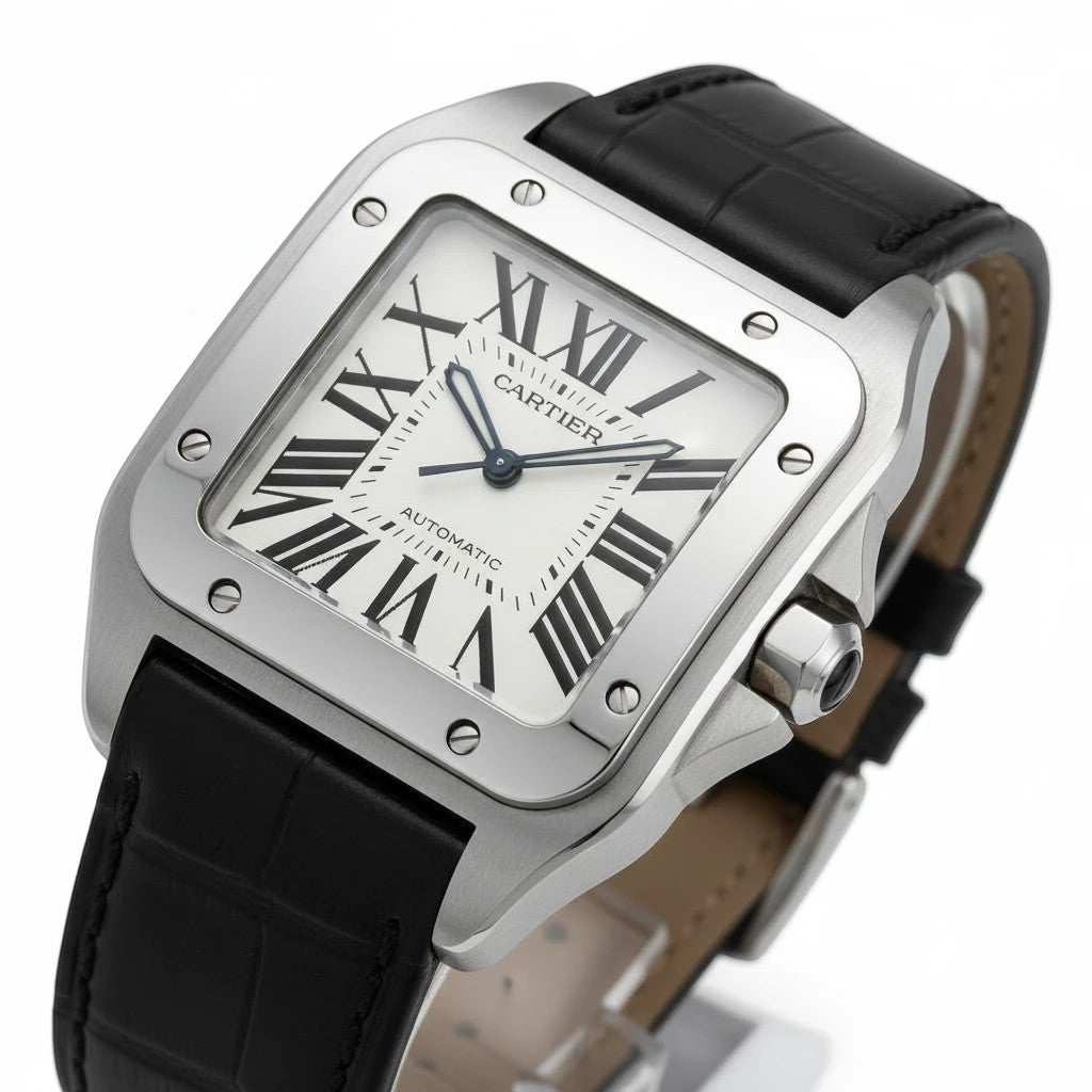 Montre Cartier Santos Bouyvera avec boîtier en acier, cadran blanc à chiffres romains et bracelet en cuir noir