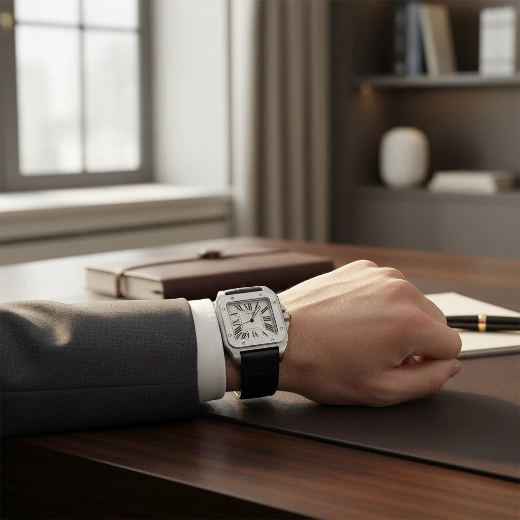 Montre Cartier Santos Bouyvera avec boîtier en acier, cadran blanc à chiffres romains et bracelet en cuir noir au poignet