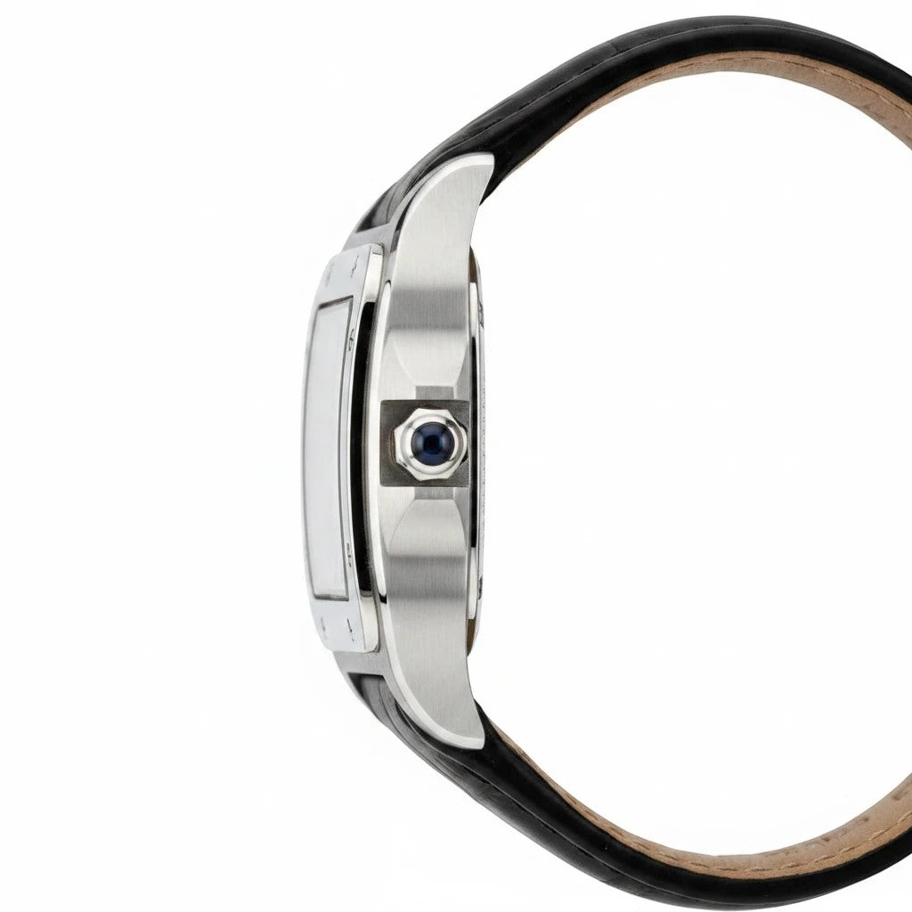 Vue de profil de la montre Bouyvera Cartier Santos avec boîtier en acier inoxydable et bracelet en cuir noir